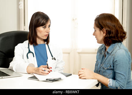 Weibliche Familie Arzt aufmerksam zuhören mit Sympathie zu Frau Patienten sprechen über Probleme und Symptome, Partnerschaft, Gesundheit, Psychiatrie, c Stockfoto