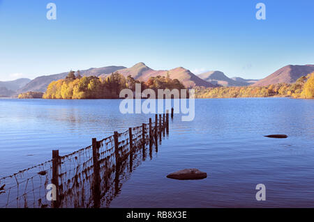 Blick vom Ufer des Derwentwater in Richtung Derwent Isle und Catbells, Lake District, England, Großbritannien Stockfoto