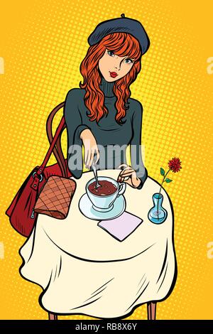 Rothaarige Mädchen in einem Cafe. Comic cartoon Pop Art retro Vektor illustration Zeichnung Stock Vektor