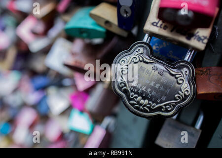 08. Januar 2019, Nordrhein-Westfalen, Köln: Eine liebe Schloss mit Chinesischen Schriftzeichen hängt zwischen den anderen auf der Hohenzollernbrücke. Foto: Rolf Vennenbernd/dpa Stockfoto