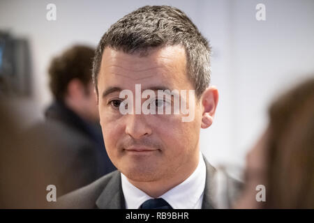 Lyon, Frankreich. 8. Januar 2019. Gérald Darmanin, Minister der Aktion und der öffentlichen Konten, Besuche von Lyon Public Finance call center Credit: FRANCK CHAPOLARD/Alamy leben Nachrichten Stockfoto