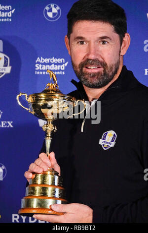 8. Januar, 2019 Wentworth Golf Club Surrey UK Padraig Harrington (Irland) im Gespräch mit den Medien, wie er heute bekannt als das nächste europäische Ryder Cup Captain, auf einer Konferenz, die im Ballsaal im berühmten Wentworth Golf Club Stockfoto