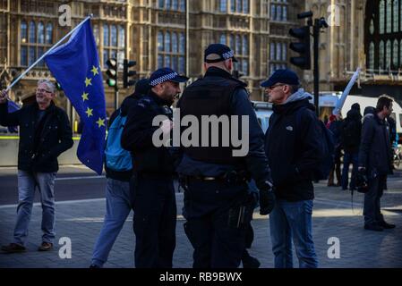London, Großbritannien. 8 Jan, 2019. Bleiben und verlassen die Demonstranten ihre täglichen Protest gegenüber dem Parlamentsgebäude. Credit: Claire Doherty/Alamy leben Nachrichten Stockfoto