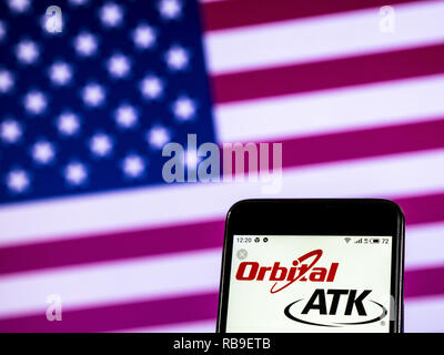 Kiew, Ukraine. 7 Jan, 2019. Orbital ATK Inc., jetzt Northrop Grumman Innovation Systems Logo auf einem Smartphone gesehen angezeigt. Quelle: Igor Golovniov/SOPA Images/ZUMA Draht/Alamy leben Nachrichten Stockfoto