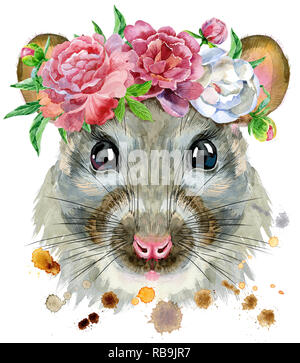 Süße Ratte in einen Kranz von Pfingstrosen für t-shirt Grafiken. Aquarell Ratte Abbildung Stockfoto
