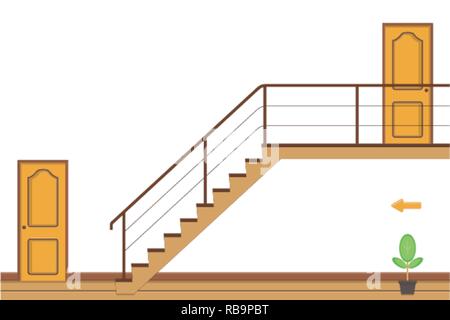 Interieur helles Zimmer mit Treppen und zwei Türen, flacher Stil Vector Illustration. Stock Vektor