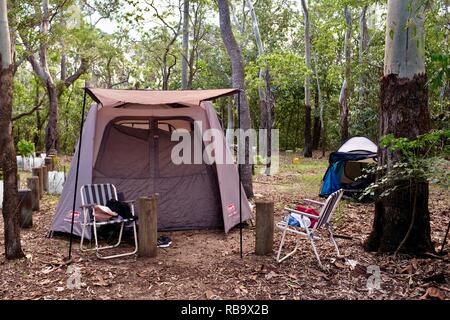 Camp Setup in einem Wald, Smalleys Strand Zeltplatz, Cape Hillsborough National Park, Queensland, Australien Stockfoto