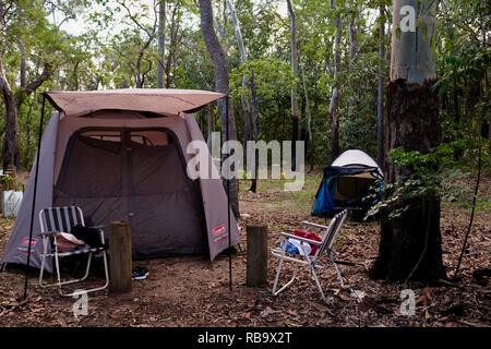 Camp Setup in einem Wald, Smalleys Strand Zeltplatz, Cape Hillsborough National Park, Queensland, Australien Stockfoto