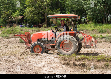 Thailändische Bauern sind mit einem Traktor der Boden für den Anbau von Reis vorzubereiten. Stockfoto