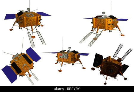 Raumsonde auf dem Mond in verschiedenen Winkeln auf weißem Hintergrund zu landen. 3D-Darstellung Stockfoto