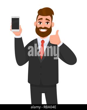 Fröhlicher Geschäftsmann hält / zeigt brandneues Smartphone / Handy / Handy in der Hand und gesturing Daumen hoch Zeichen. Gut, abhandeln, zustimmen, genehmigen Stock Vektor