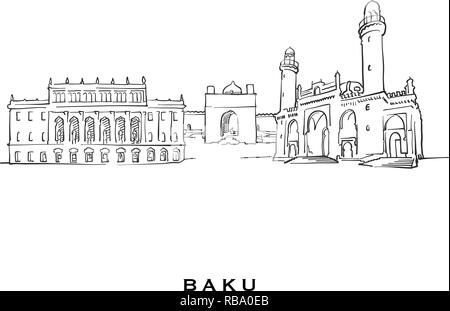 Baku Aserbaidschan berühmte Architektur. Vektor Skizze auf weißem Hintergrund getrennt aufgeführt. Architektur Zeichnungen von allen europäischen Hauptstädten. Stock Vektor