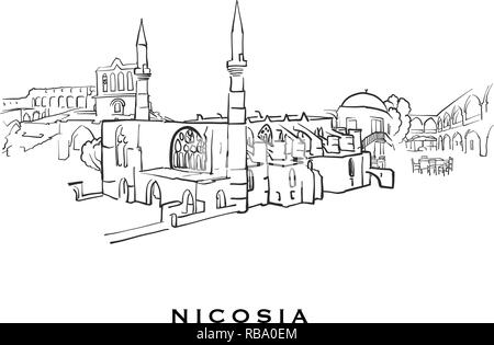 Nikosia Zypern berühmte Architektur. Vektor Skizze auf weißem Hintergrund getrennt aufgeführt. Architektur Zeichnungen von allen europäischen Hauptstädten. Stock Vektor