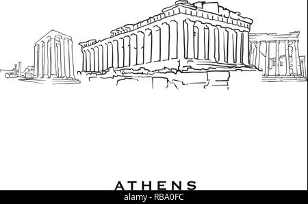 Athen Griechenland berühmte Architektur. Vektor Skizze auf weißem Hintergrund getrennt aufgeführt. Architektur Zeichnungen von allen europäischen Hauptstädten. Stock Vektor