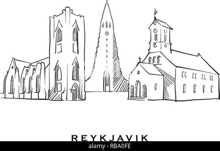 Reykjavik Island berühmte Architektur. Vektor Skizze auf weißem Hintergrund getrennt aufgeführt. Architektur Zeichnungen von allen europäischen Hauptstädten. Stock Vektor