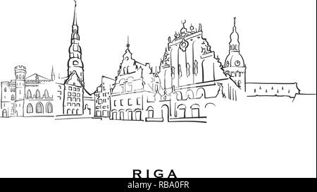 Riga Lettland berühmten Architektur. Vektor Skizze auf weißem Hintergrund getrennt aufgeführt. Architektur Zeichnungen von allen europäischen Hauptstädten. Stock Vektor