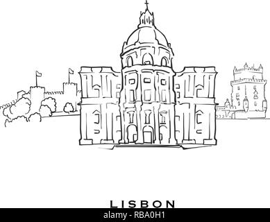 Lissabon Portugal berühmte Architektur. Vektor Skizze auf weißem Hintergrund getrennt aufgeführt. Architektur Zeichnungen von allen europäischen Hauptstädten. Stock Vektor