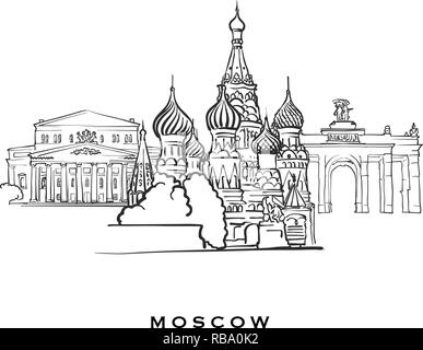 Moskau Russland berühmte Architektur. Vektor Skizze auf weißem Hintergrund getrennt aufgeführt. Architektur Zeichnungen von allen europäischen Hauptstädten. Stock Vektor