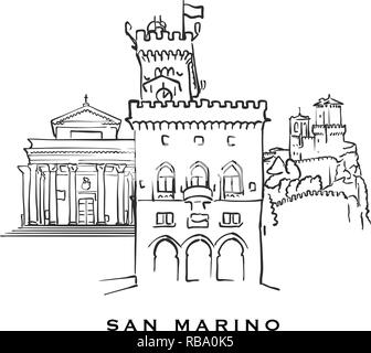 San Marino berühmte Architektur. Vektor Skizze auf weißem Hintergrund getrennt aufgeführt. Architektur Zeichnungen von allen europäischen Hauptstädten. Stock Vektor