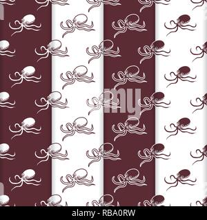 Satz 4 Vector nahtlose Muster mit Kraken. Meer Einwohner. Tiere unter Wasser. Design für die Verpackung, Stoff, marine Hintergrund drucken. Stock Vektor