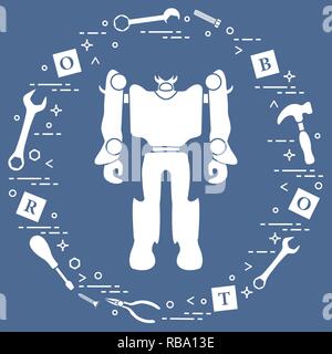 Roboter, Würfel mit Buchstaben, Spielzeug Werkzeug (Schraubendreher, Schraubenschlüssel, Schraube, Hammer). Spielzeug für Kinder. Robotik, Technologien. Design für Banner, Poster oder pri Stock Vektor