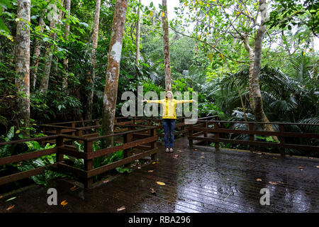 Frau in Regenjacke heben die Hände auf der Spur am Yonehara Palm Tree Grove, Ishigaki, Japan Stockfoto
