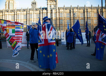 Anti Brexit pro Europa Demonstranten protestieren winken Europäische Union und Union Jack Flaggen in Westminster gegenüber dem Parlament eine Woche vor MPs Abstimmung über den endgültigen Abkommen am 8. Januar 2019 in London, England, Vereinigtes Königreich. MPs auf Theresa Mays Brexit deal Stimmen wird am Dienstag, den 15. Januar, Regierung Quellen bestätigt. Stockfoto