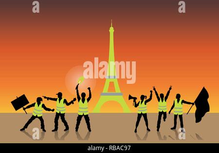 Gelb Bewegung in Paris Frankreich vor dem Eiffelturm. Alle Objekte, Schatten und Hintergrund sind in verschiedenen Schichten. Stock Vektor