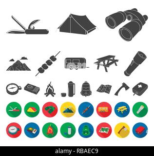 Ax, Tasche, Sitzbank, Fernglas, schwarz, flach, Camp, Lagerfeuer, camping, campingplatz, Auto, Wohnwagen, Brust, Sammlung, compas, Design, Ausstattung, Brennholz, Taschenlampe, grau, Wandern, Icon, Illustration, isoliert, Kebab, Messer, Logo, Karte, match, Fleisch, Medizin, Berge, Natur, Übernachtung, Parkplatz, Satz, Zeichen, Sommer, Symbol, Zelt, Thermoskanne, Tourismus, Touristen, Trailer, Reise, Urlaub, Vector, Vektor, Vektoren, Stock Vektor