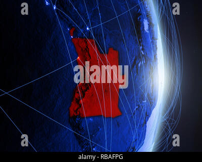 Angola auf Blau digital Planet Erde mit Netzwerk. Konzept der Konnektivität, Reisen und Kommunikation. 3D-Darstellung. Elemente dieses Bild eingerichtet Stockfoto