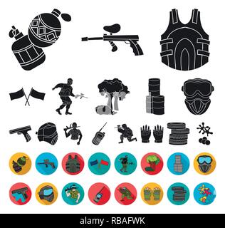 Kunst, Bälle, Fässer, Barricade, schwarz, flach, blau, Sammlung, Wettbewerb, Design, Ausstattung, Feld, fingerlose, Fahnen, Spiel, Handschuhe, Granaten, Gewehr, Hand, Handheld, Hobby, Icon, Illustration, isoliert, Logo, Maske, Militär, Outfit, Paintball, Player, Abspielen, Rot, Satz, Zeichen, Sport, Symbol, Team, Reifen, Transceiver, Uniform, Vector, Weste, web Vektor Vektoren, Stock Vektor