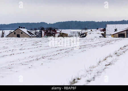 Es schneit. Die Straße führt an der Dairy Farm Barn. Silolagerung im Vordergrund. Beginn des Winters in Europa. Stockfoto