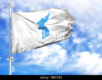 Nationalflagge von koreanischen Wiedervereinigung auf einen Fahnenmast vor blauem Himmel. Stockfoto