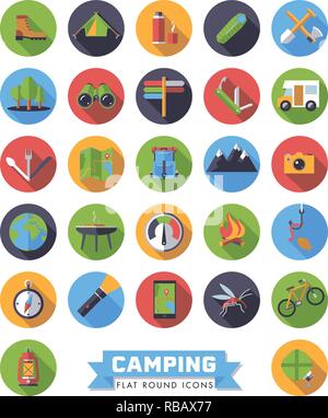 Satz 27 flache Bauweise lange Schatten zum Campen, Wandern, Outdoor pursuit runde Vector Icons Stock Vektor