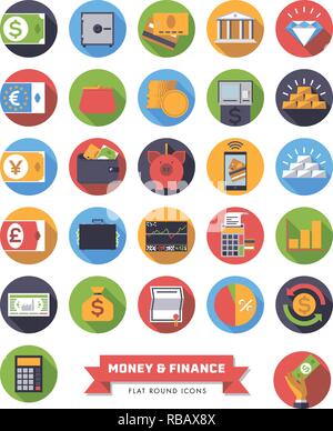 Flache Bauweise lange Schatten rund um Geld, Finanzen und Zahlung Vector Icons einstellen Stock Vektor