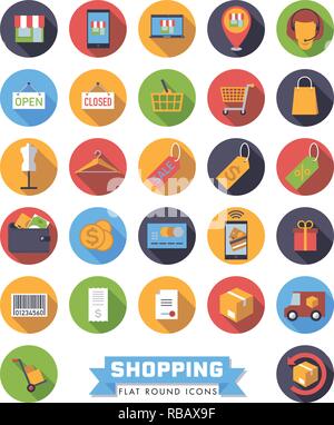 Runde, flache Design Shopping und Handel Vector Icons einstellen Stock Vektor