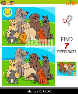 Cartoon Illustration des Findens Sieben Unterschiede zwischen Bilder Lernspiel für Kinder mit reinrassigen Hund Zeichen Gruppe Stock Vektor