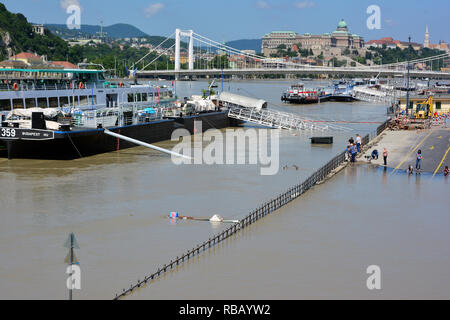 Donauflut in Budapest, 2013. Juni, Ungarn, Magyarország, Europa. Arviz a Dunan Budapesten. Stockfoto