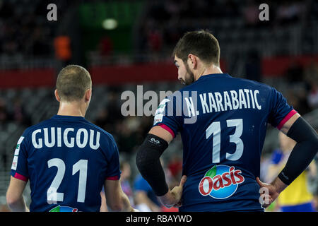 ZAGREB, KROATIEN - 20 Januar, 2018: Europameisterschaft in Men's Handball, EHF EURO 2018 Hauptrunde spiel Schweden gegen Frankreich 17:23. Michael GUIGOU ( Stockfoto