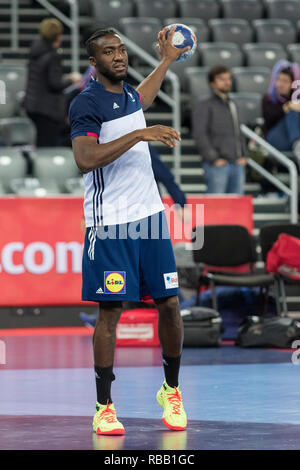 ZAGREB, KROATIEN - 28. JANUAR 2018: Europameisterschaft in Men's Handball, EHF EURO 2018 finale Frankreich - Dänemark 32:29. Luc Abalo (19) Stockfoto