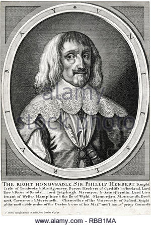 Philip Herbert Portrait, 4. Earl of Pembroke und 1. Earl von Montgomery, 1584 - 1650, war ein englischer Höfling, Adliger und Politiker aktiv während der Regierungszeit von Jakob I. und Karl I., Radierung von Böhmische Kupferstecher Wenzel Hollar aus 1642 Stockfoto