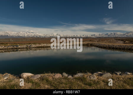 Snow Peak Anden Reflexion in einem Teich mit Blick auf die Weinberge in Mendoza. Stockfoto