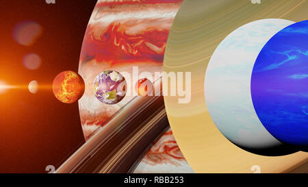 Die Planeten des Sonnensystems, die von der Sonne beleuchtet, Größe Vergleich (3d-Wissenschaft Abbildung: Banner, Elemente dieses Bild von der NASA eingerichtet sind). Stockfoto