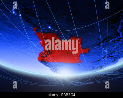 Angola über grünes Modell des Planeten Erde mit Netzwerk für blaue digitale Zeitalter, Reisen und Kommunikation. 3D-Darstellung. Elemente dieses Bild fu Stockfoto