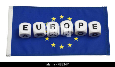 Das Wort Europa auf einer Fahne der Europäischen Union buchstabiert Stockfoto