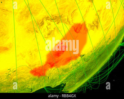 Niger auf grünes Modell des Planeten Erde mit Netzwerk in der Nacht. Konzept der digitalen Technologie, Kommunikation und Reisen. 3D-Darstellung. Elemente dieser Stockfoto