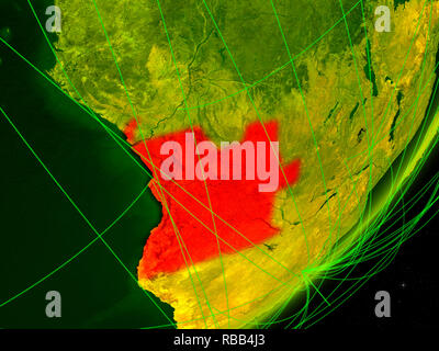 Angola über grünes Modell des Planeten Erde mit Netzwerk in der Nacht. Konzept der digitalen Technologie, Kommunikation und Reisen. 3D-Darstellung. Elemente der Thi Stockfoto