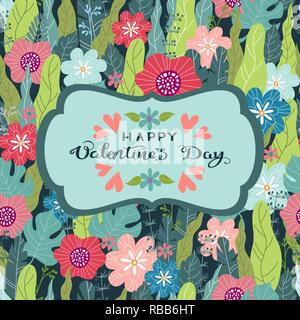 Blumen Hand zeichnen Design Konzept für Valentines Tag. Blume Vector Illustration mit Retro Rahmen und Text Stock Vektor