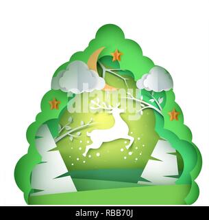 Papier Sommer Landschaft. Rotwild Abbildung. Stock Vektor