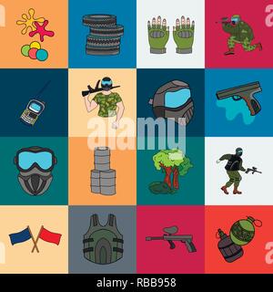 Kunst, Bälle, Fässer, Barricade, blau, Cartoon, Sammlung, Wettbewerb, Design, Ausstattung, Feld, fingerlose, Fahnen, Spiel, Handschuhe, Granaten, Gewehr, Hand, Handheld, Hobby, Icon, Illustration, isoliert, Logo, Maske, Militär, Outfit, Paintball, Player, Abspielen, Rot, Satz, Zeichen, Sport, Symbol, Team, Reifen, Transceiver, Uniform, Vector, Weste, Web-, Vektor, Vektoren, Stock Vektor